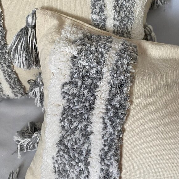 BoHo Farmhouse 2 PcCanvas Yarn Fringe Embellishment Decor Accent Pillow Case Set - Picture 2 of 8